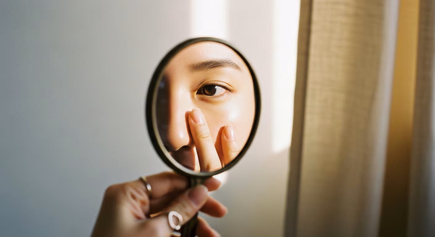 ハンドミラーで自分の顔を観察する女性の編集スチル