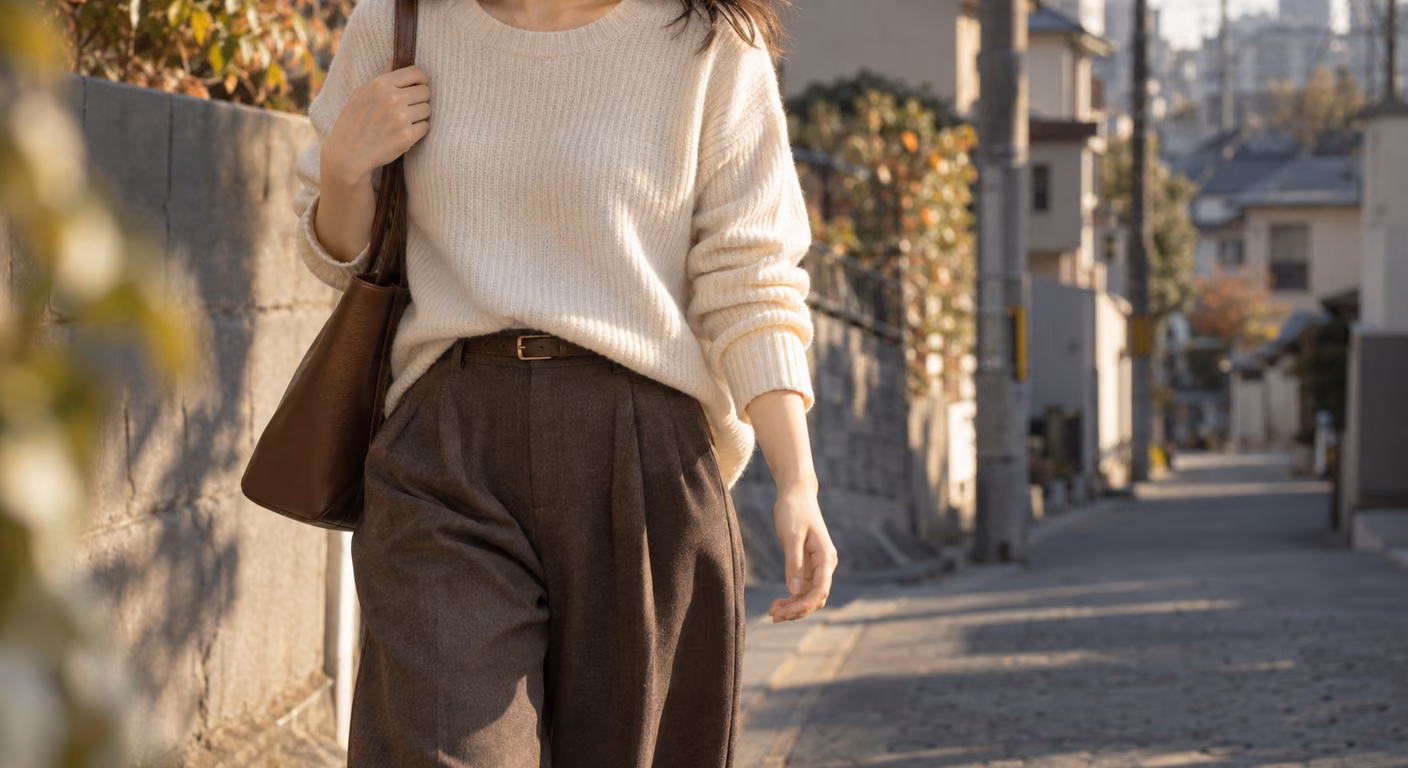 秋の住宅街の歩道で、生成りのニットの前だけを焦げ茶のハイウエストのワイドパンツに入れ、細い茶色のベルトを見せた女性の、肩から膝までの着こなし。肩に茶色の革のバッグを掛けている
