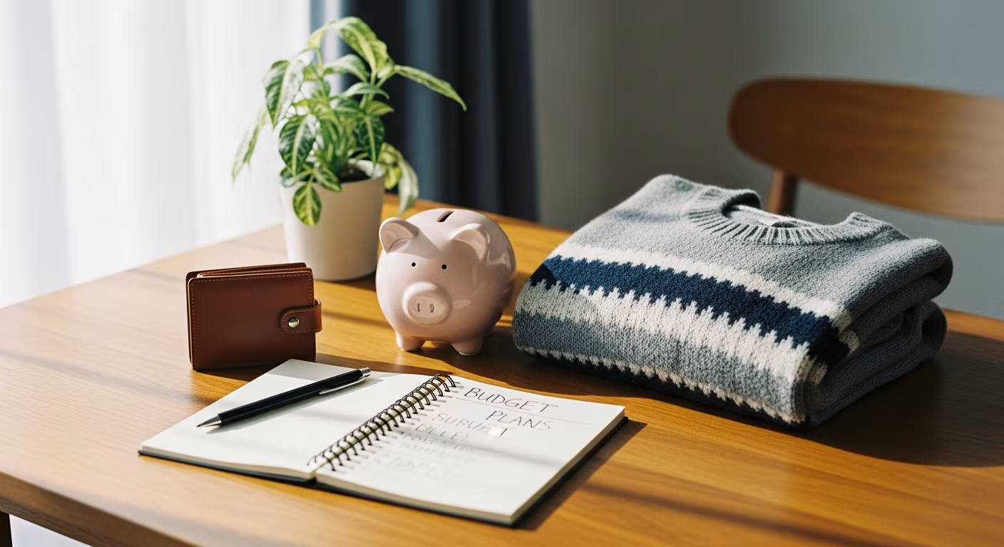 20代の貯金と装い、財布と貯金箱とニットの整い、両立する配分のイメージ