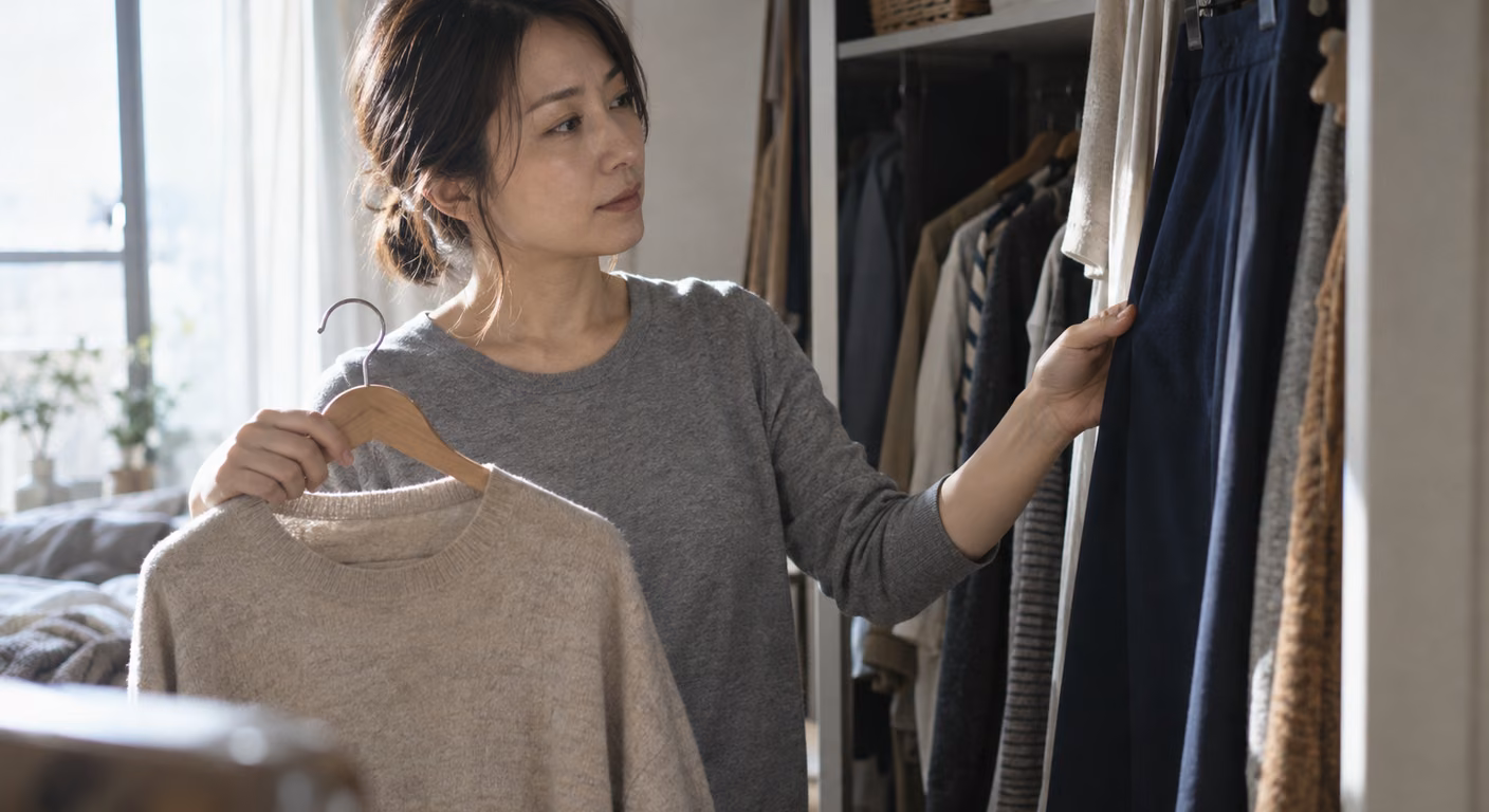 朝の寝室で、服の詰まったクローゼットの前に立ち、ハンガーにかけた薄いベージュのニットを持って、掛かった紺のボトムスを手に取り見比べている女性