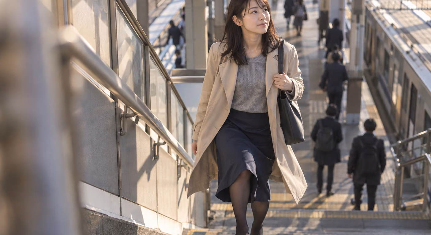秋の朝、駅の階段を上る女性。ベージュのトレンチコートにグレーのニットと膝下丈の紺のスカートを合わせ、脚には膝にうっすら肌の色が透ける黒のストッキング