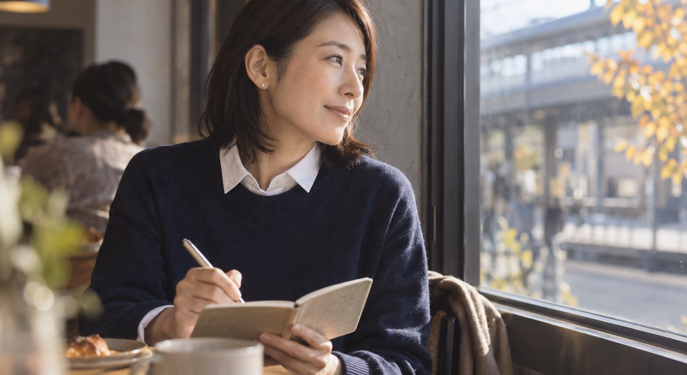 襟の立った白いシャツに紺のニットを重ね、髪を耳にかけて小さな耳飾りをつけた女性が、窓辺で手帳に書き込んでいる