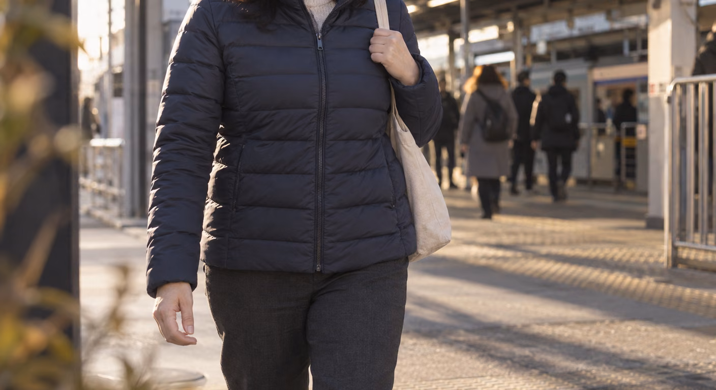 冬の駅前を歩く女性の、細かい横のキルトが入ったマットな紺色のダウンジャケットの胸から腰までの着姿