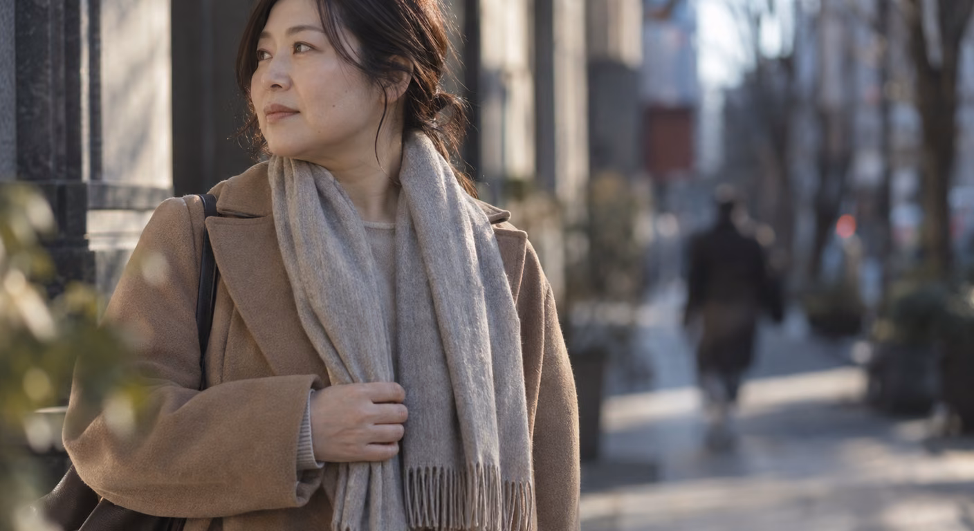 40代ぽっちゃりのマフラー｜巻いた厚みで首と肩を大きく見せない