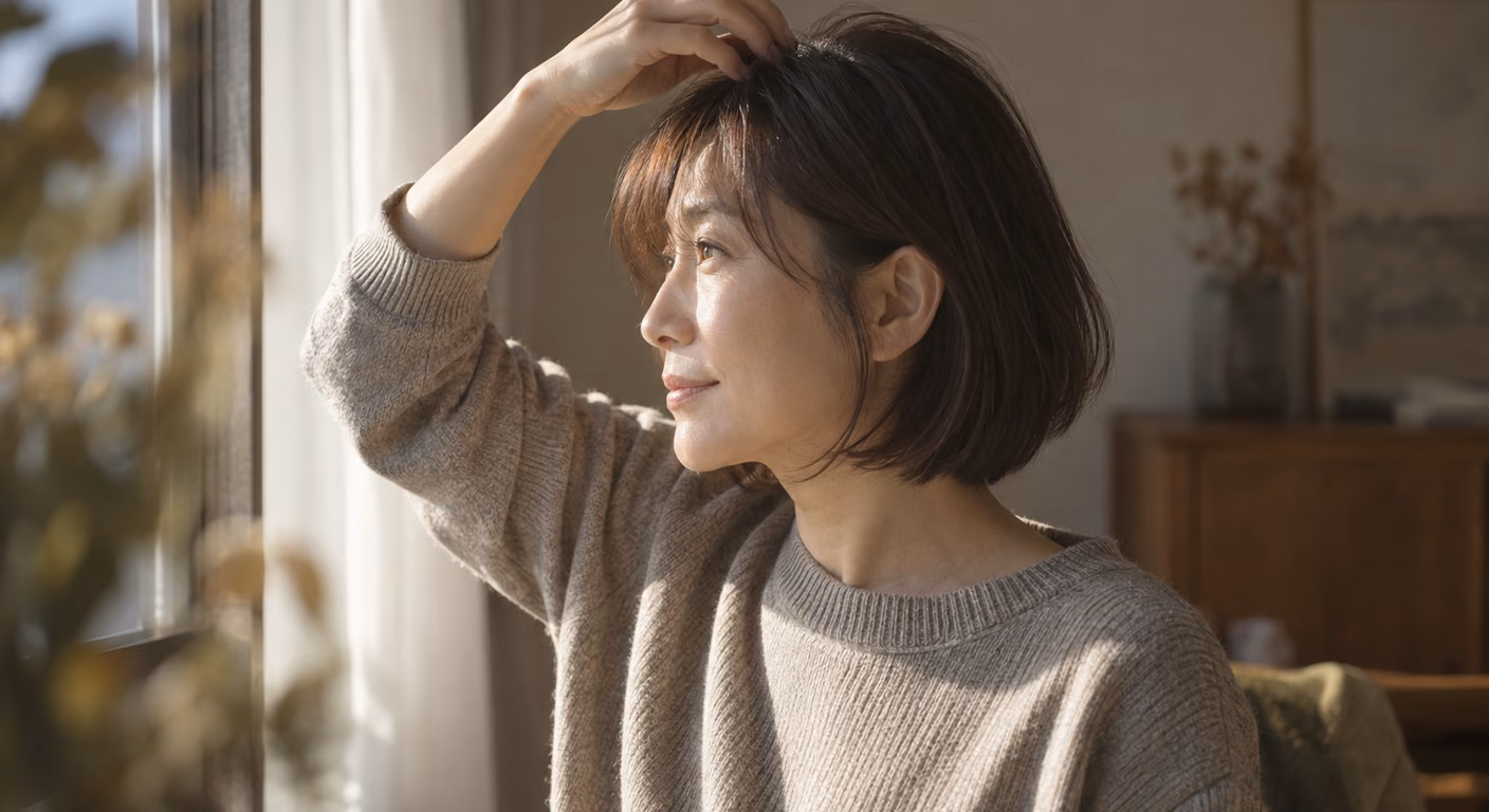 窓辺で横を向き、前髪のあるボブの頭頂の毛を指先で軽く持ち上げて高さを確かめている女性
