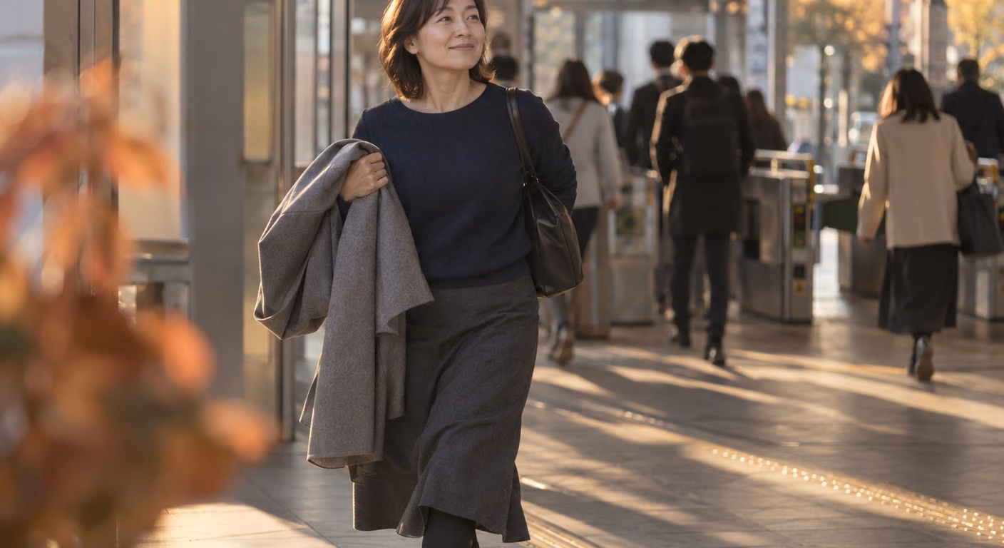 駅の改札を出たところで、50代の女性が脱いだ灰色のコートを片腕に掛けて歩いている。中は紺のニットと、ふくらはぎ丈の灰色のスカート