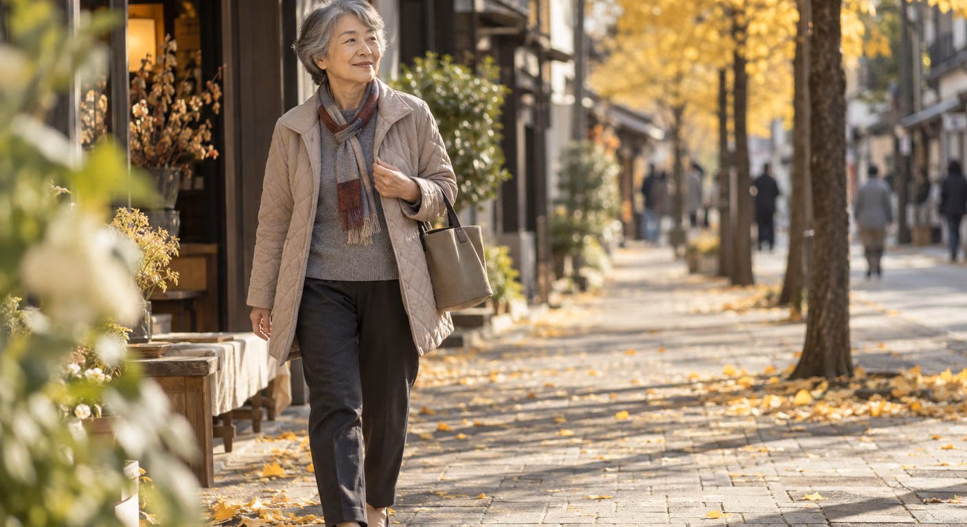 秋の商店街で、軽いキルティングの上着の前を開けて歩く60代の女性