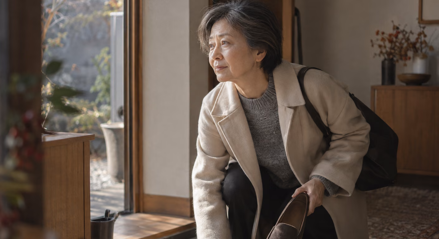 玄関で、グレーのニットに薄手のコートを羽織った白髪まじりの女性が、出かける前に靴を選んでいる