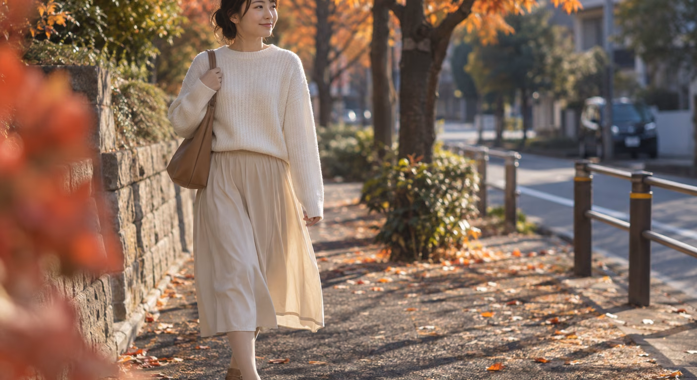落ち葉の歩道を、白いニットと生成りのミディ丈スカートにベージュの足元で歩く女性