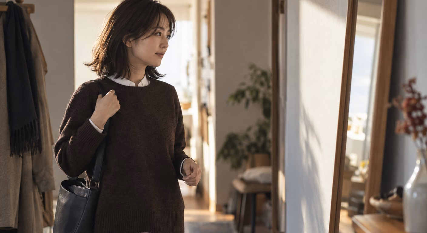 秋の朝、玄関の姿見から少し離れて立ち、鏡のほうへ目を向ける女性。こげ茶のニットの襟元から白いシャツの襟がのぞき、肩に黒い鞄をかけている