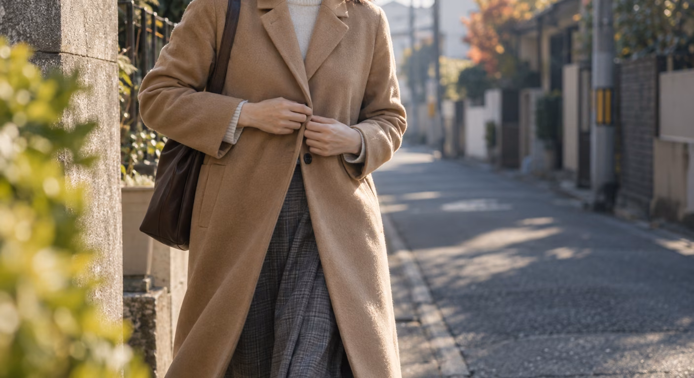 住宅街の朝、キャメルのウールコートの前を留めながら歩き出す女性の、鎖骨から膝までの着姿