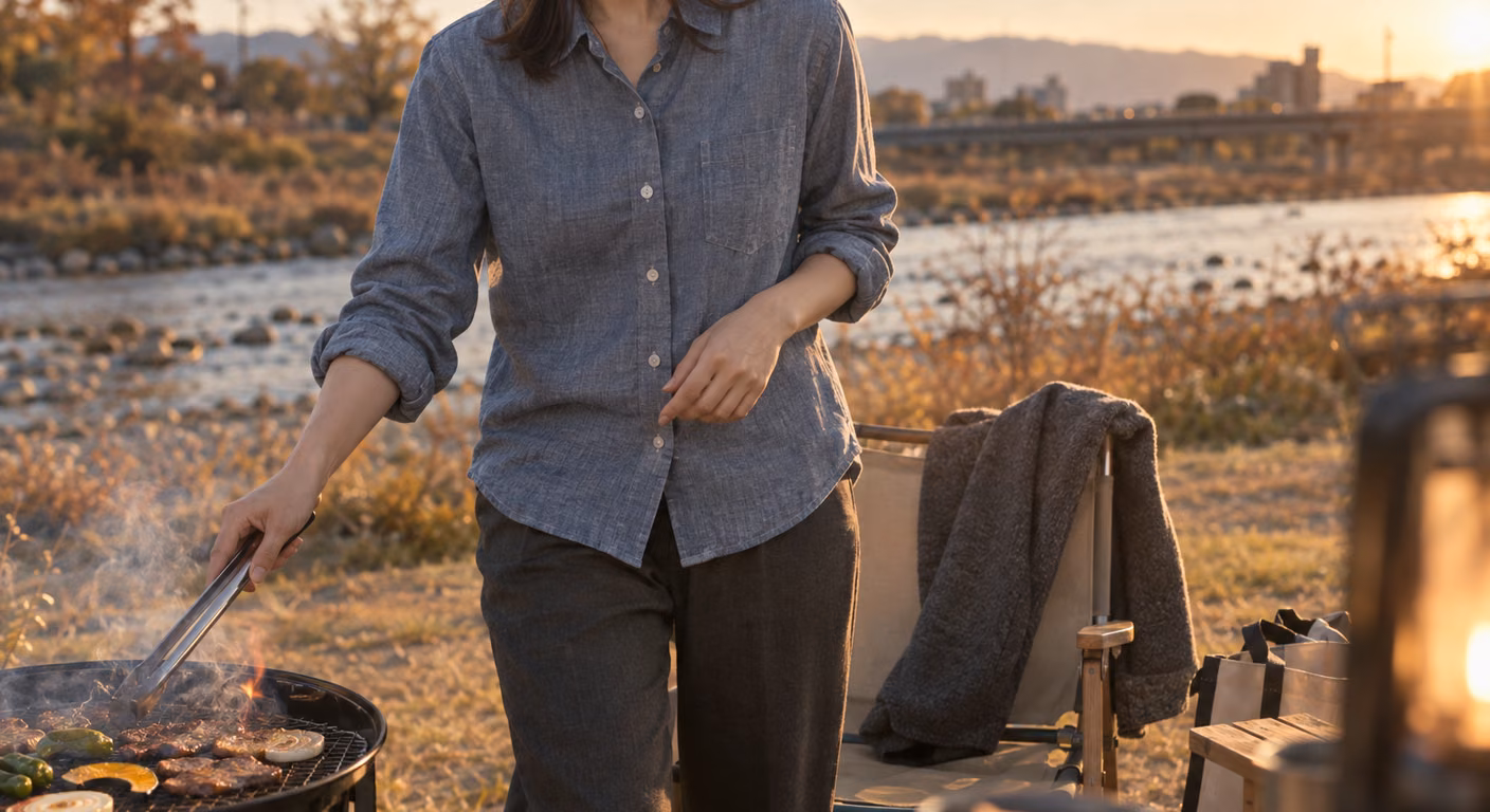 夕方の河原で、袖をまくった灰青色の綿シャツと濃い灰色のパンツの女性が炭火のグリルの前でトングを持ち、後ろの折りたたみ椅子に灰色のウールの上着が掛けてある