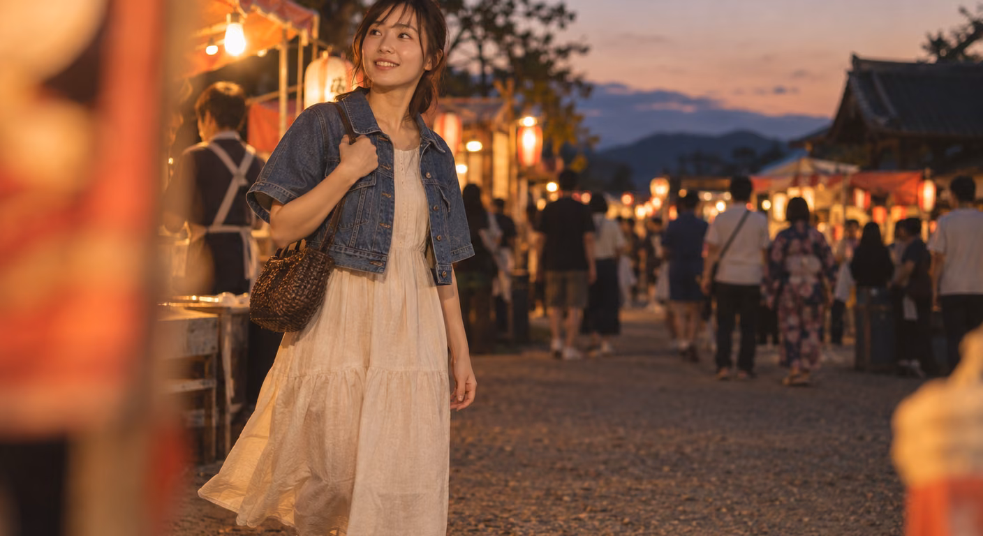 夕暮れの屋台の明かりの中を歩く女性。生成りの綿の半袖ワンピースに短い丈のデニムジャケットを重ね、足元は白いスニーカー