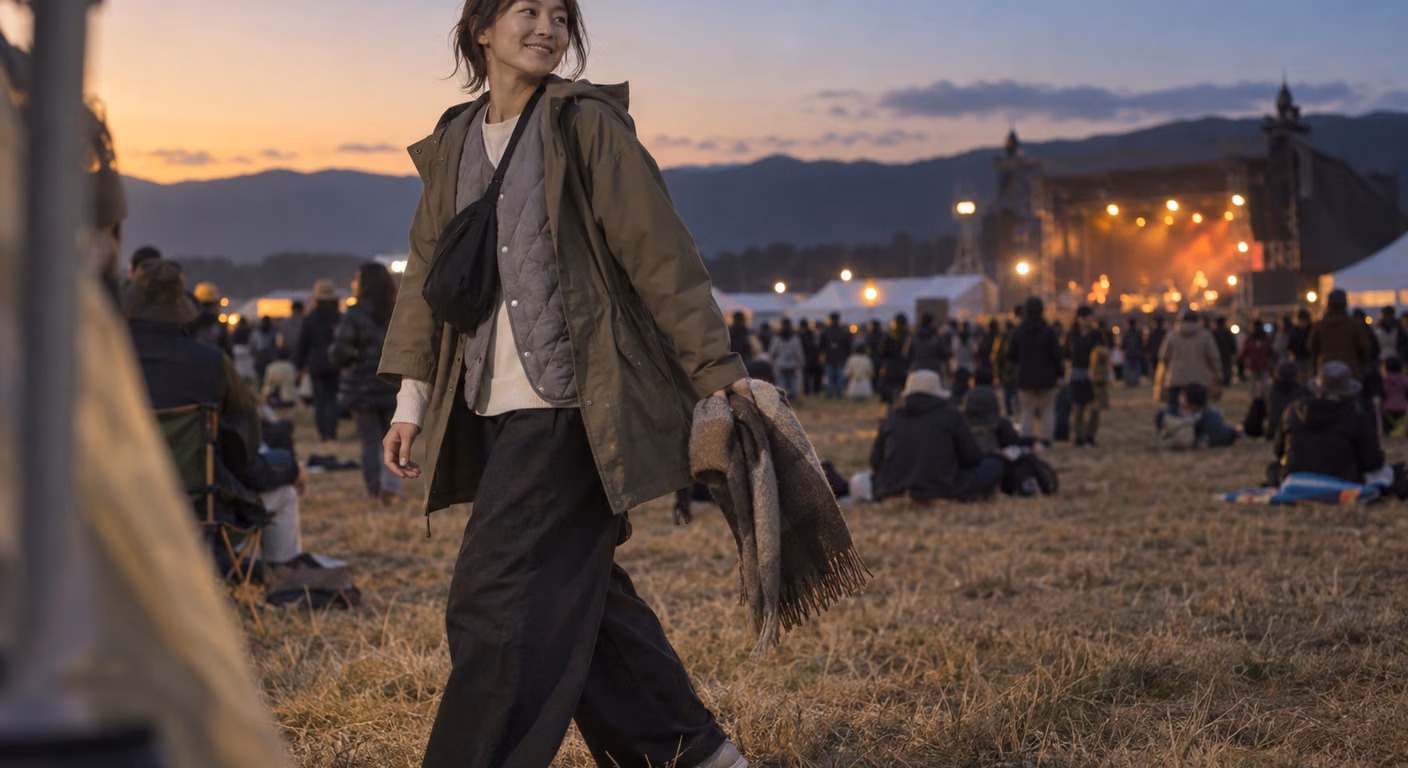 夕暮れの野外フェス会場の枯れ芝の上を、カーキのフード付き上着にキルティングのベストと生成りの長袖を重ね、黒いワイドパンツで歩く女性。手にはウールのストール、奥に明かりの灯ったステージ