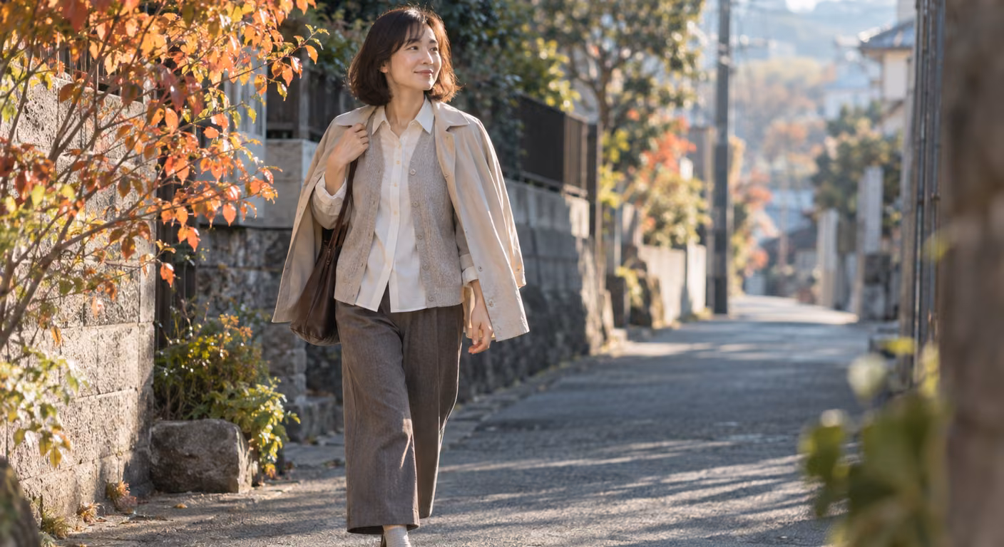 秋の朝の住宅街で、長袖のブラウスに薄手のカーディガンを重ね、肩にかけた上着を片手で押さえて歩いている女性