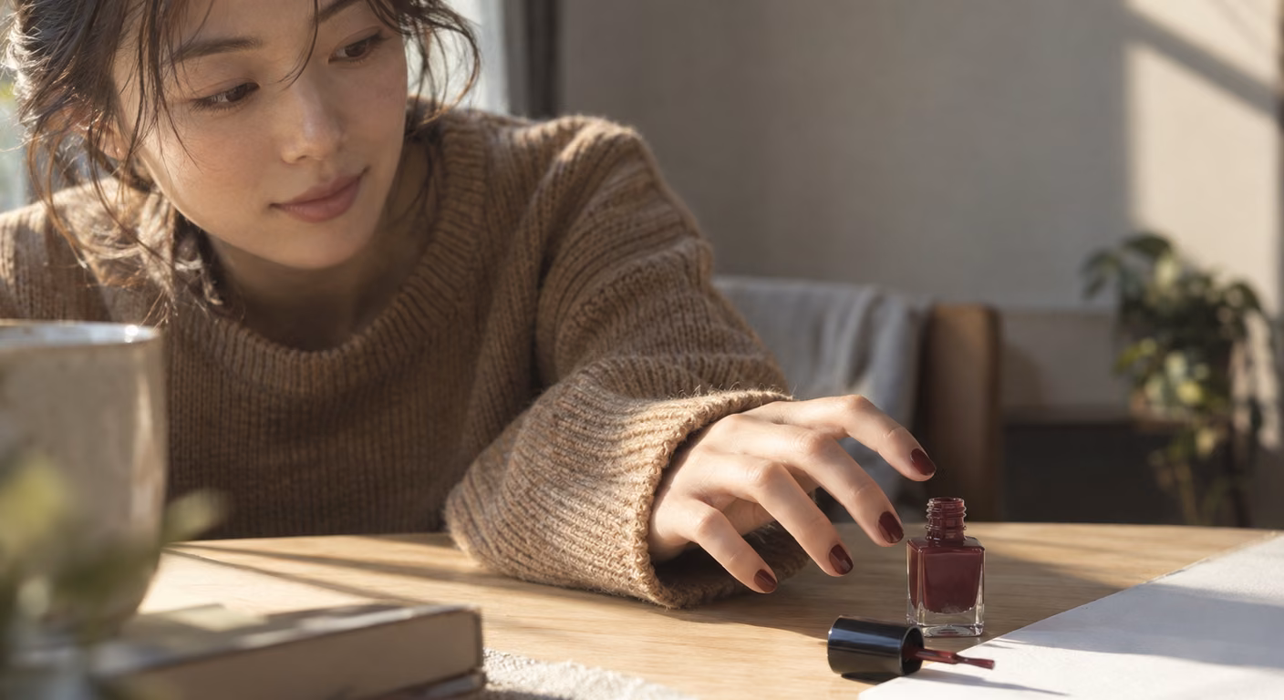 茶色のニットの袖口から出た指先に深いボルドーのネイルが塗られ、机の上の小瓶に手を伸ばしている女性
