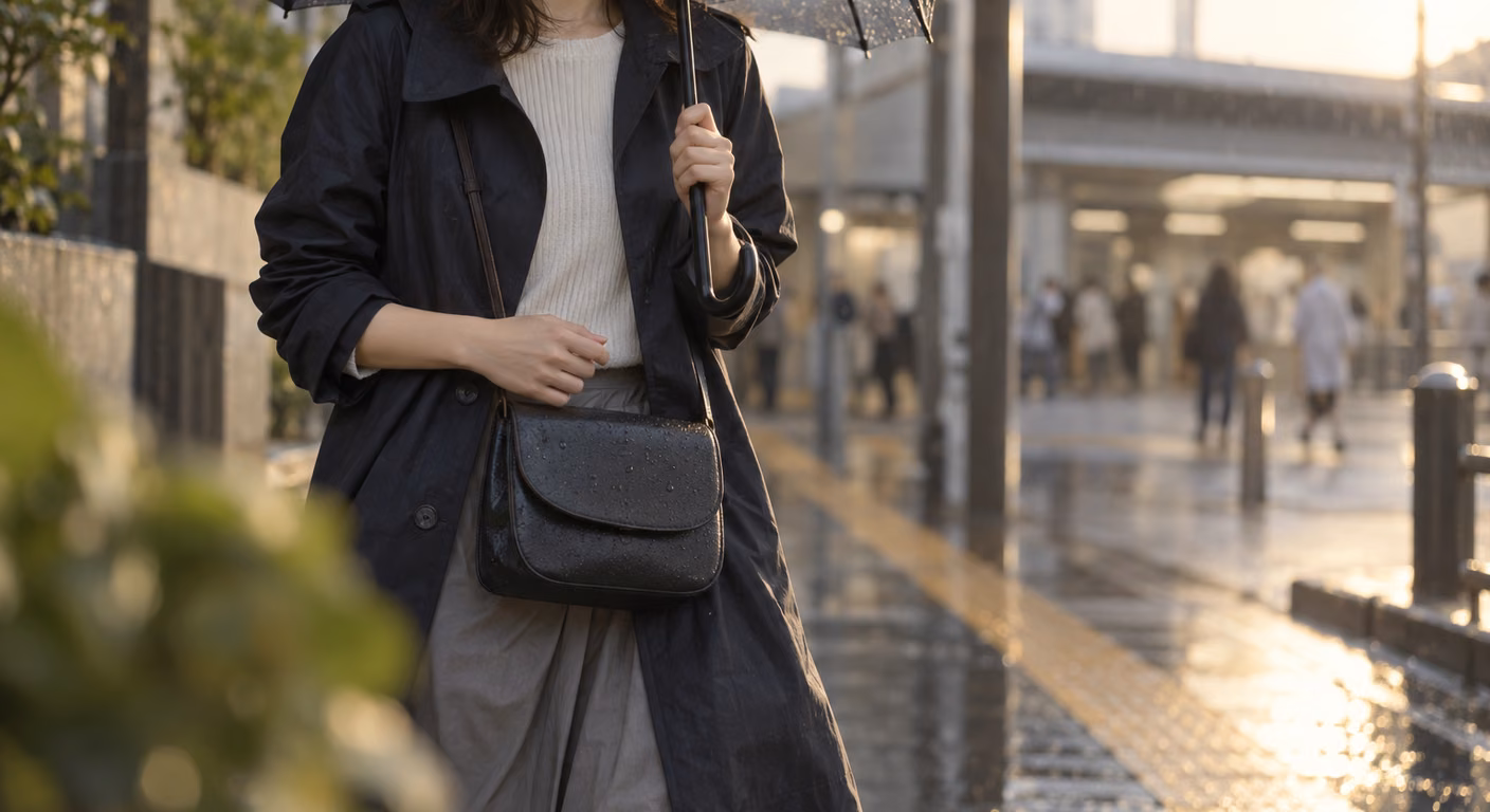 雨の駅前で傘を差す女性の首から膝まで。黒のコートの前に、かぶせのある黒の小さなバッグを斜めに掛け、表面に雨粒が丸く残っている