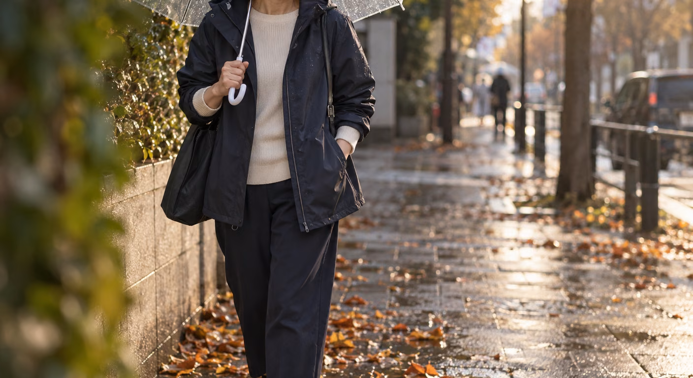 雨の日コーデ 50代｜秋の長雨は、裾と袖口を濡らさない丈で組む