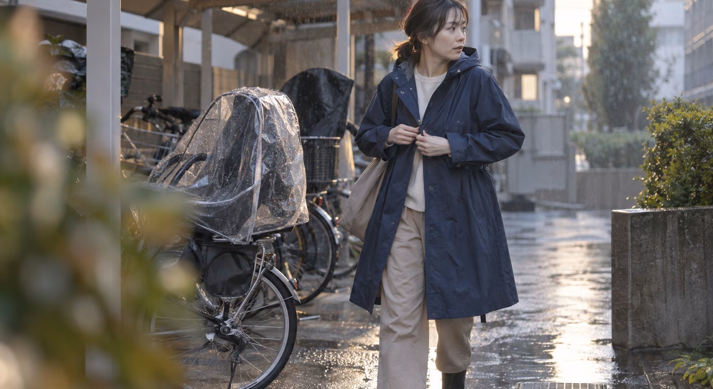 雨の朝、住宅街の駐輪場で、透明な雨よけを付けた子ども乗せ自転車の横に立つ女性が、膝下まである紺のレインコートの前を留めている