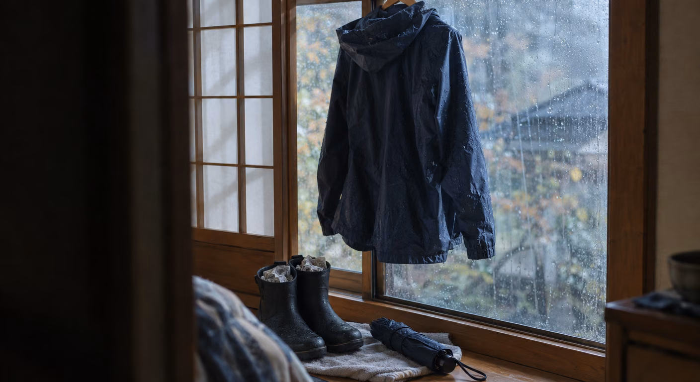 旅館の部屋の窓辺で、ハンガーにかけた濡れた紺の撥水の上着と、紙を詰めて乾かしている短いブーツ、たたんだ折りたたみ傘が置かれている雨の日の午後