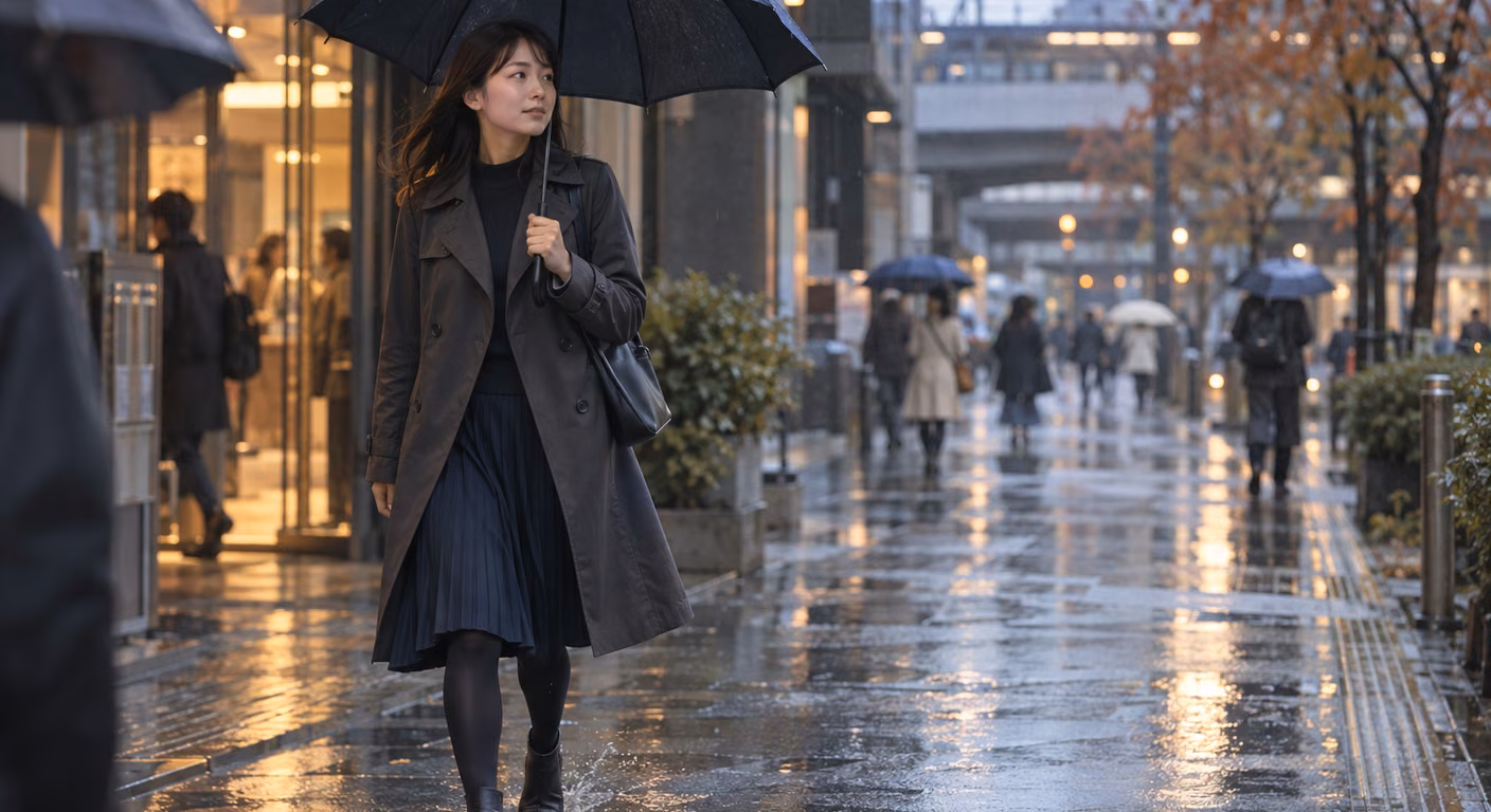 雨の濡れた歩道を傘をさして歩く女性の、膝丈の紺のプリーツスカートと黒いタイツ、短いレインブーツ、スカートより長いコート