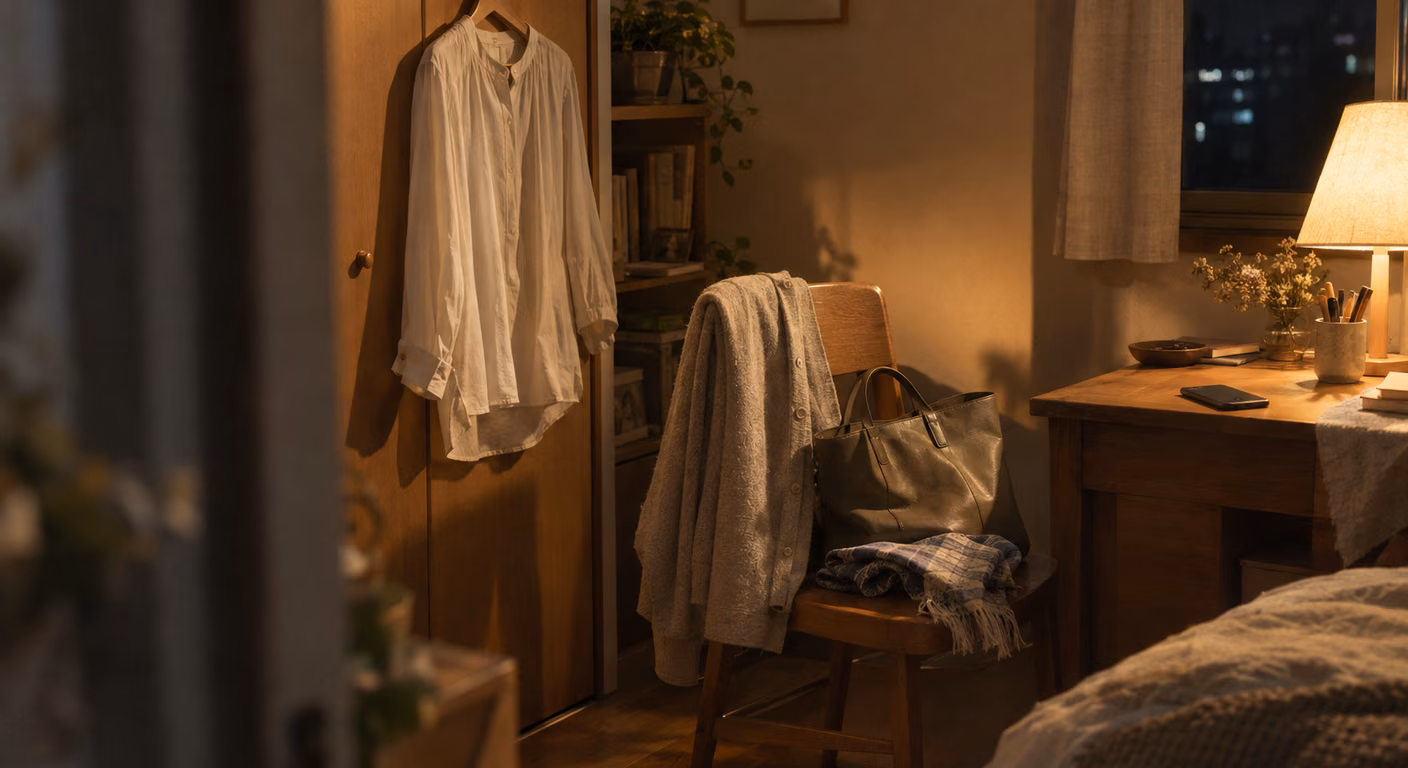 夜の部屋で、扉に掛けた長袖のブラウスと、椅子の背に掛けた薄手のカーディガン、座面に畳んだストールとトートバッグを翌朝のために並べてある