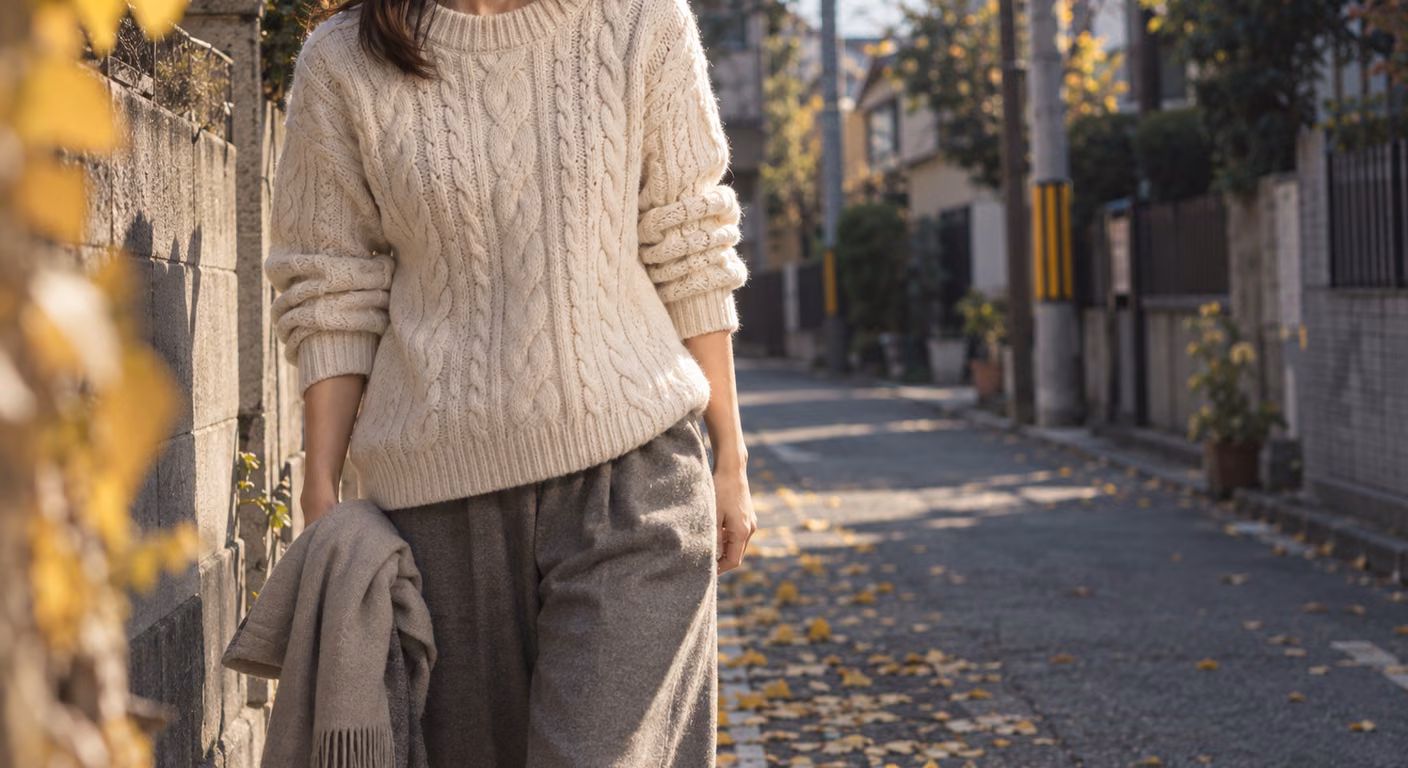 厚手のケーブル編みのニット一枚で、畳んだストールを手に住宅街を歩く女性の胸から膝