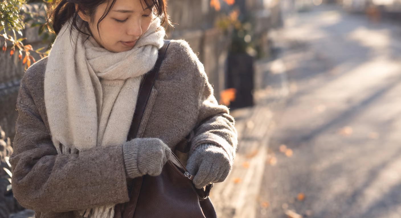 ニットの手袋をはめた手が、肩にかけた革のバッグのファスナーの大きな引き手をつまんで開けている
