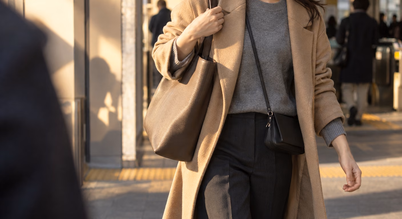 駅の入口近くを歩く女性の胸元から膝まで。ウールのコートの下で小さな斜めがけのバッグを体の前に掛け、肩にはやわらかい革のトートを掛けている