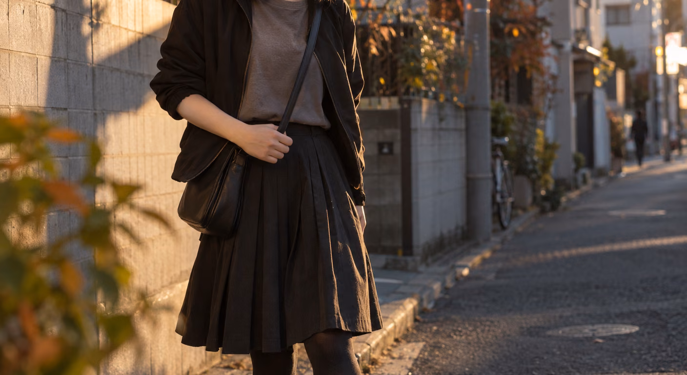 膝丈のプリーツスカートに厚手の黒いタイツと短い上着を合わせた女性が、夕方の路地で開場を待っている