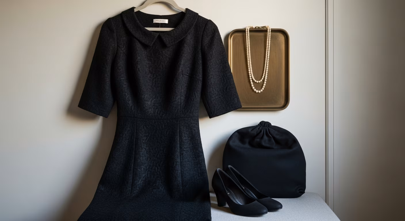 40代女性の喪服コーデ、上質マットな黒ワンピースと一連パールのスタイリング