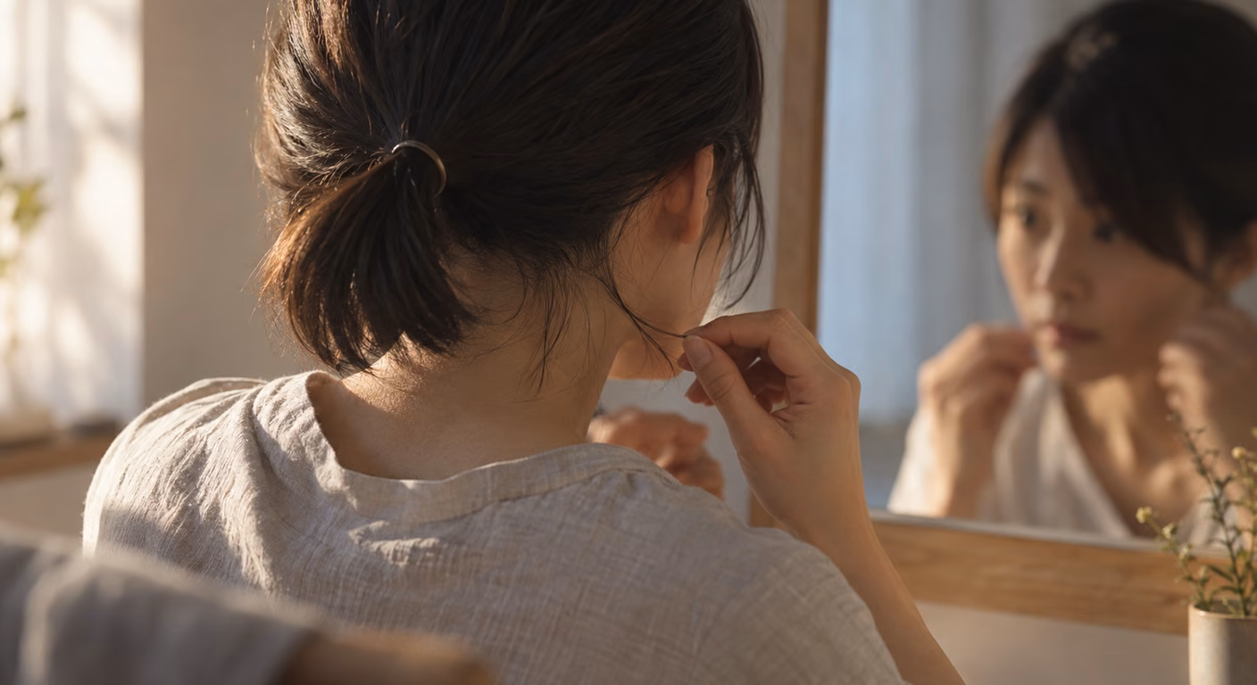 低めにひとつ結びにしたボブの襟足から落ちた短い毛を、指先でつまんでゴムまで届くか確かめている女性の手元