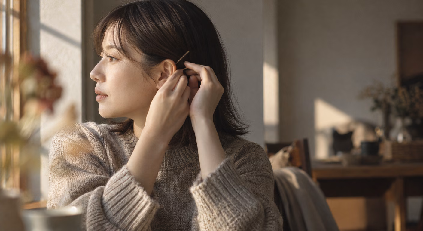 肩に毛先が触れる長さのボブの女性が、ニットの肩口の上で片側の髪を耳にかけ、耳の後ろにピンを留めている横顔