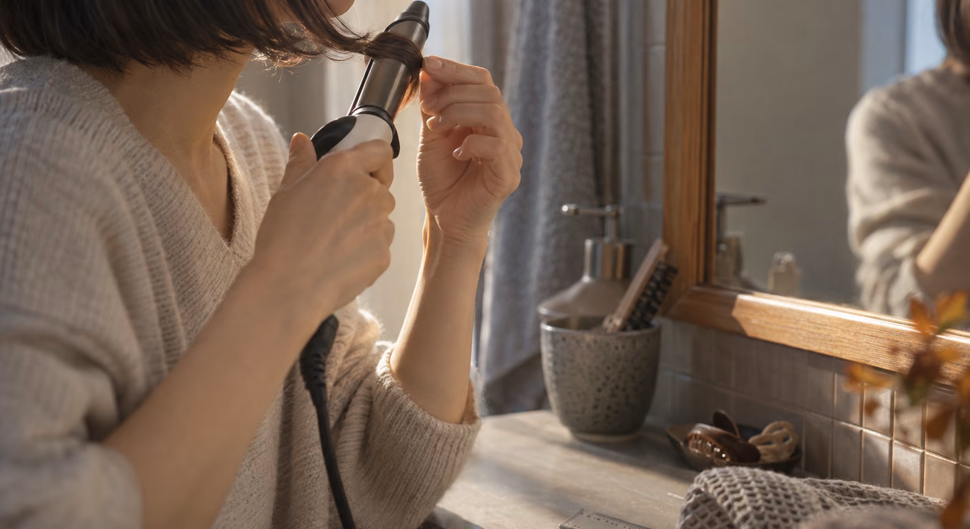 ボブの毛先をコテに巻きつけている手元と、洗面台に置かれた小さな定規