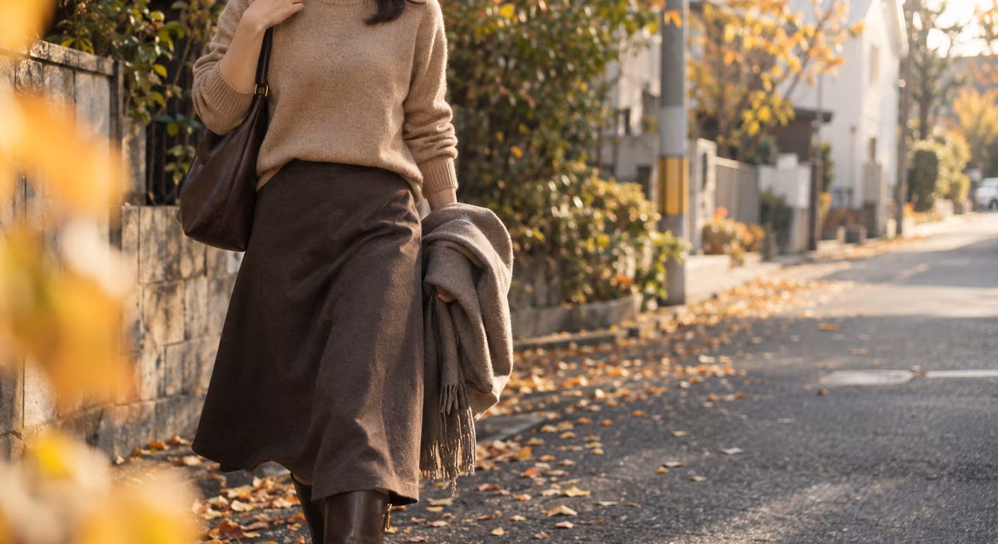 秋の住宅街を歩く女性の胸元から膝下まで。キャメルのニットと焦げ茶のミディスカートに、脚に沿う細身の焦げ茶の革のロングブーツを合わせ、裾がブーツの履き口に重なっている