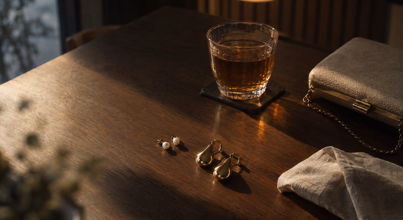 暖かい照明の落ちた料理店の木のテーブルに、小さな丸いパールのピアスと大きめの金色のしずく形のイヤリングが並べて置かれ、琥珀色のお茶のグラスと金具のついた小さなバッグ、麻のナプキンが添えられている様子