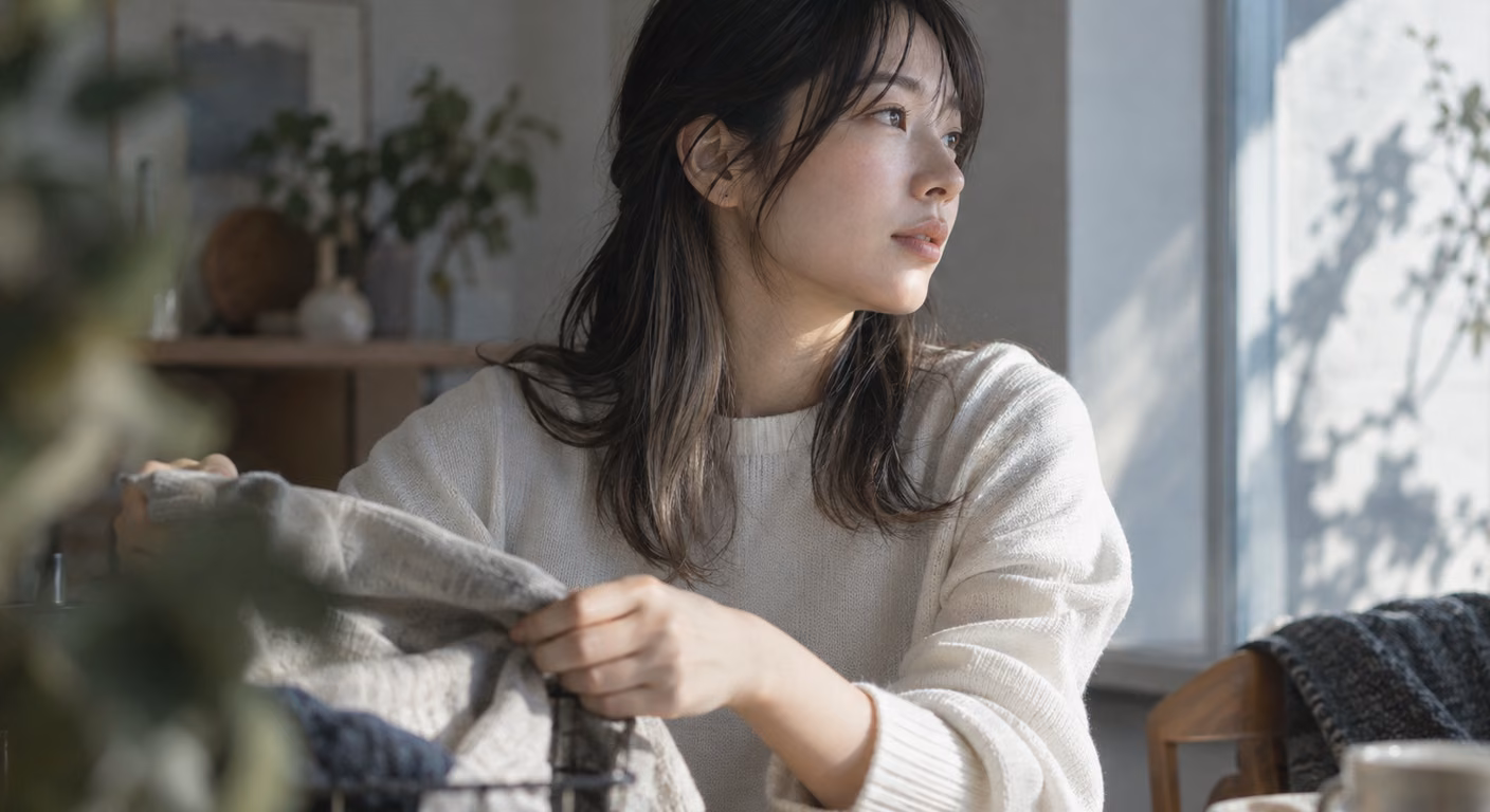 顔まわりと根元を暗く残し、耳の後ろの内側と毛先だけを青みの明るい茶色にした髪の女性が、白いニットで窓の方へ顔を向けている