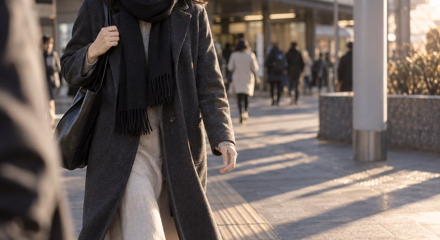 黒い髪の女性が、細く折った黒いマフラーを首にひと巻きして端を前に垂らし、冬の駅前を歩いている鎖骨から膝までの姿