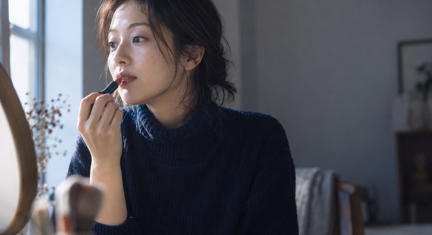 濃紺のタートルネックのニットを着て、鏡に向かってローズ系の口紅を塗っている女性