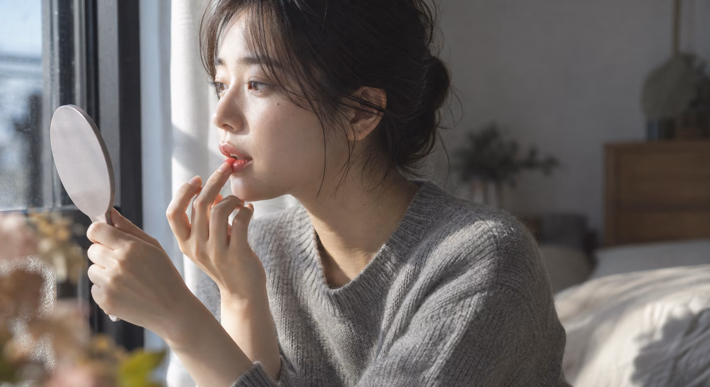 窓辺の光の中で、日本人女性が手鏡をのぞきながら唇の中央に青みのある赤を指先でなじませている横顔