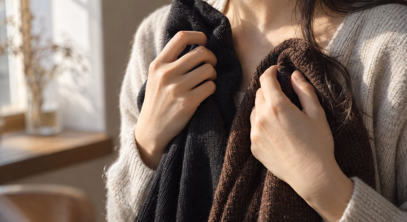 窓の光の下で黒とダークブラウンのニットを鎖骨の上に並べて当てる女性の手元
