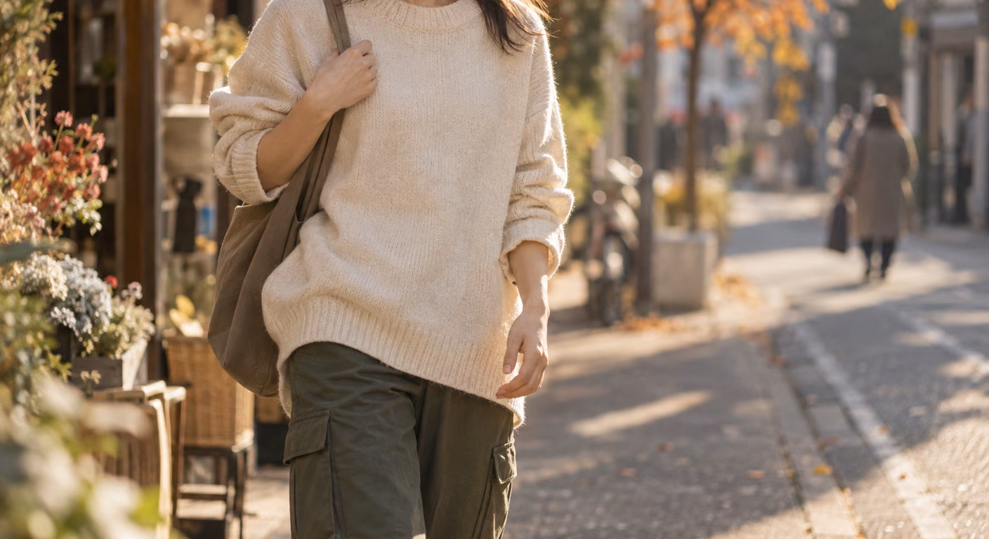 深い緑のカーゴパンツに丈の長い生成りのニットを出して合わせ、秋の商店街を歩く女性の首から膝まで