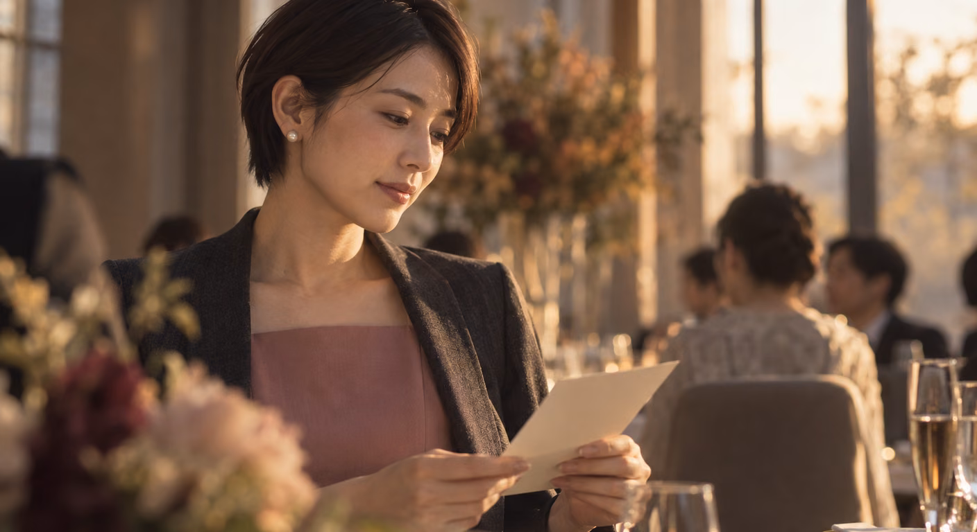 ショートヘアの女性が、くすんだピンクのスクエアネックのワンピースに張りのある灰色のジャケットを重ね、秋の披露宴のテーブルでカードを読んでいる上半身