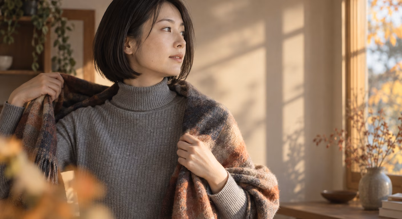 グレーのタートルネックを着て、毛先だけを内側に丸めたあご下の長さのボブの女性が、肩にニットのマフラーをかけている横顔