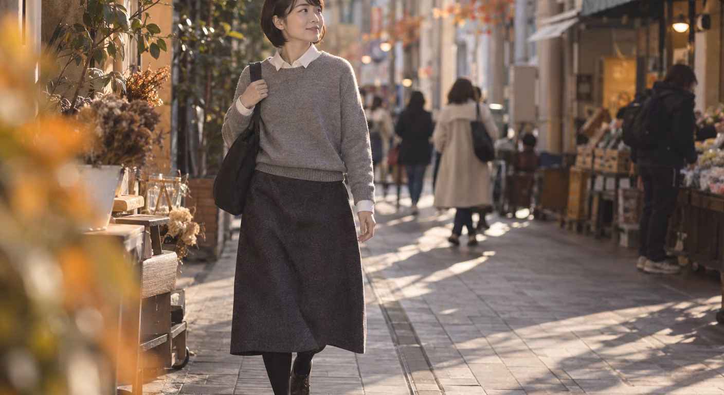 ショートヘアの女性が、白い襟のシャツにグレーのニットとチャコールの厚手ウールのスカートを合わせ、秋の商店街を歩いている