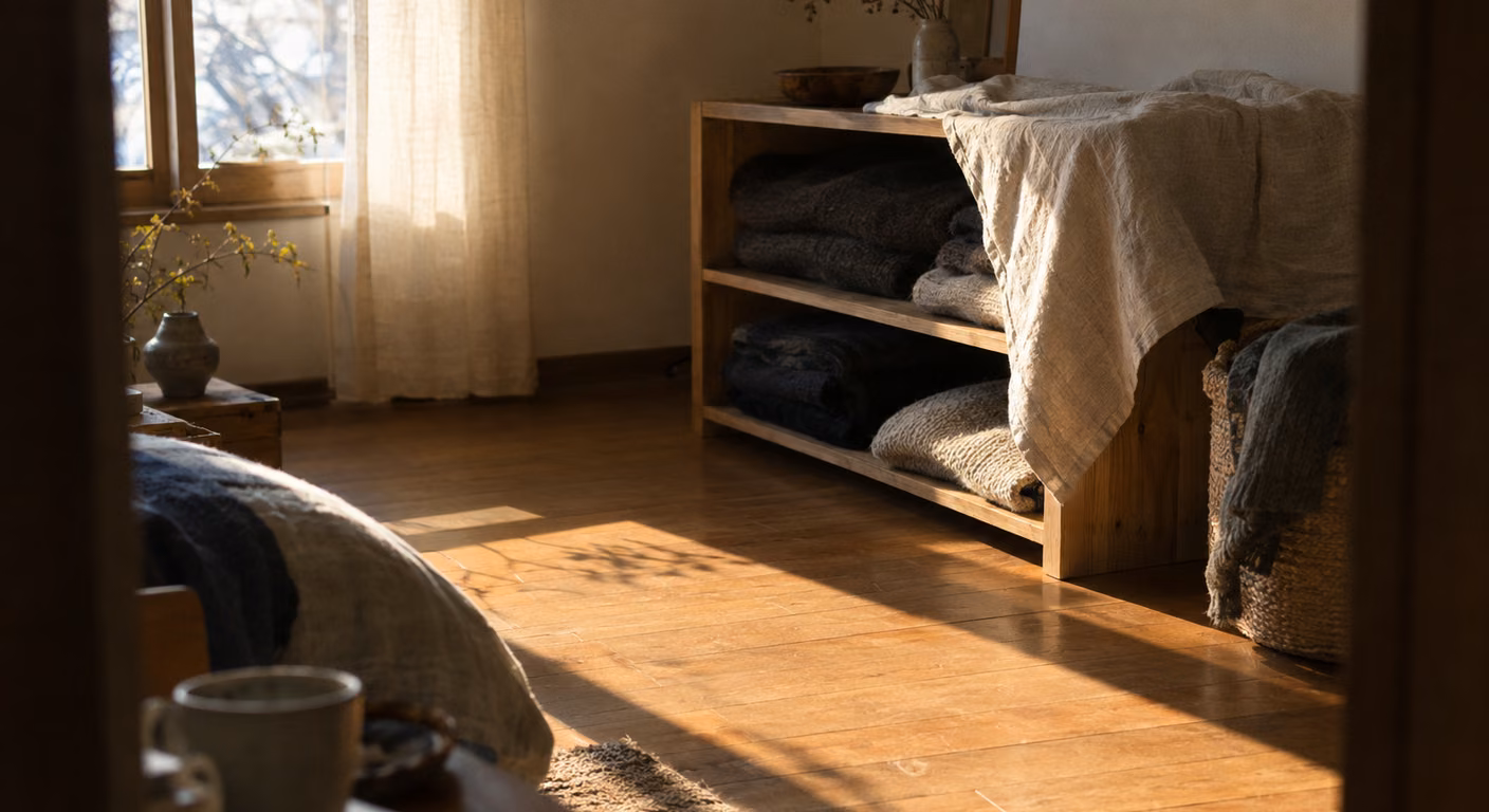 低い冬の日差しが床の奥まで伸びる部屋の隅、棚に重ねた濃い色のウールのセーターに生成りの麻の布が半分かけてある