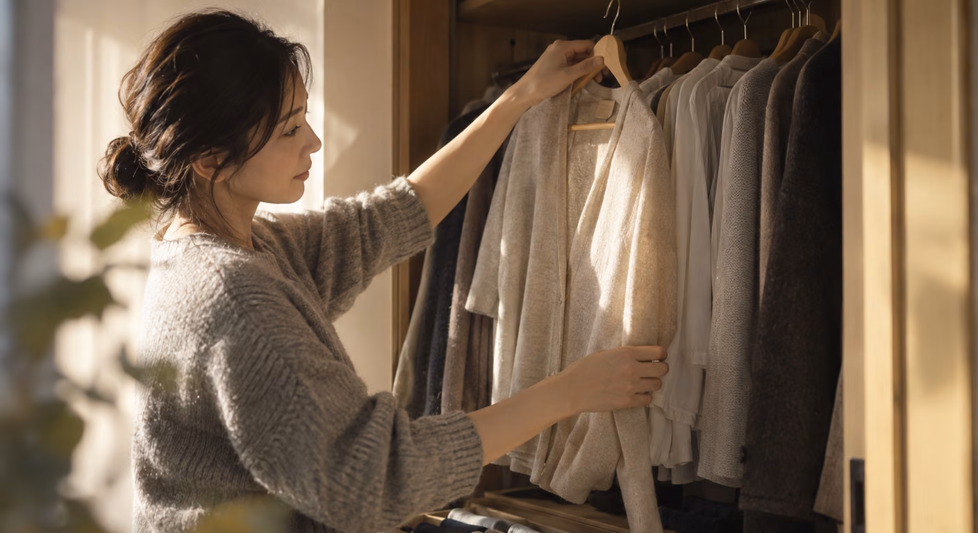 朝の光が入る作り付けのクローゼットの前で、灰色のニットを着た女性が、手前に掛けた生成りの薄手カーディガンをハンガーごと持ち上げている。右の奥には濃い色の厚手の服が並んでいる