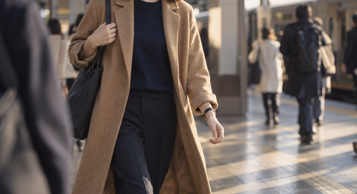 駅のホームを歩く女性の肩から膝まで。キャメルのロングコートを紺のニットと黒のパンツの上に前を開けて着て、袖を1回折って手首を出している
