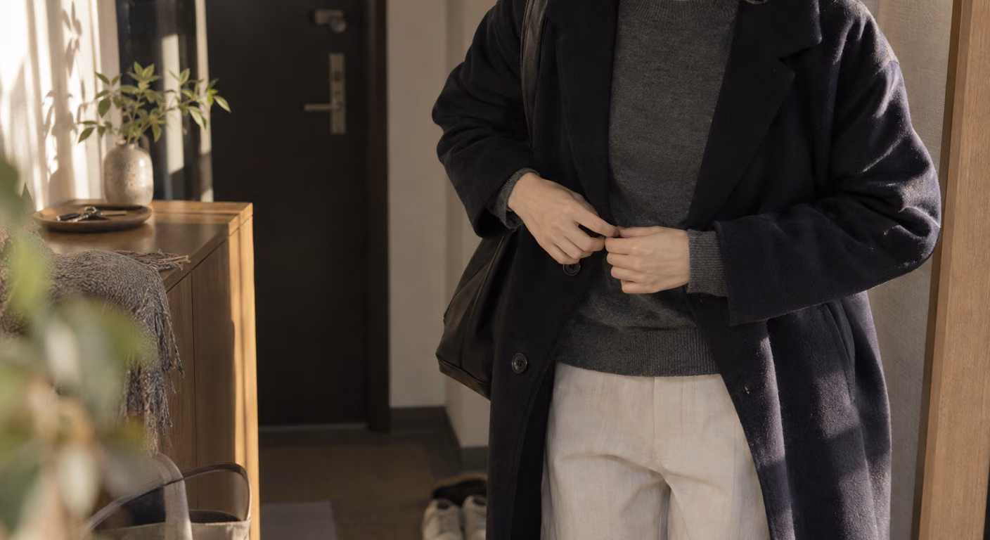 炭色のなめらかなニットの首元から肩にかけて、窓からの光が編み目に斜めに当たっている胸元の近景