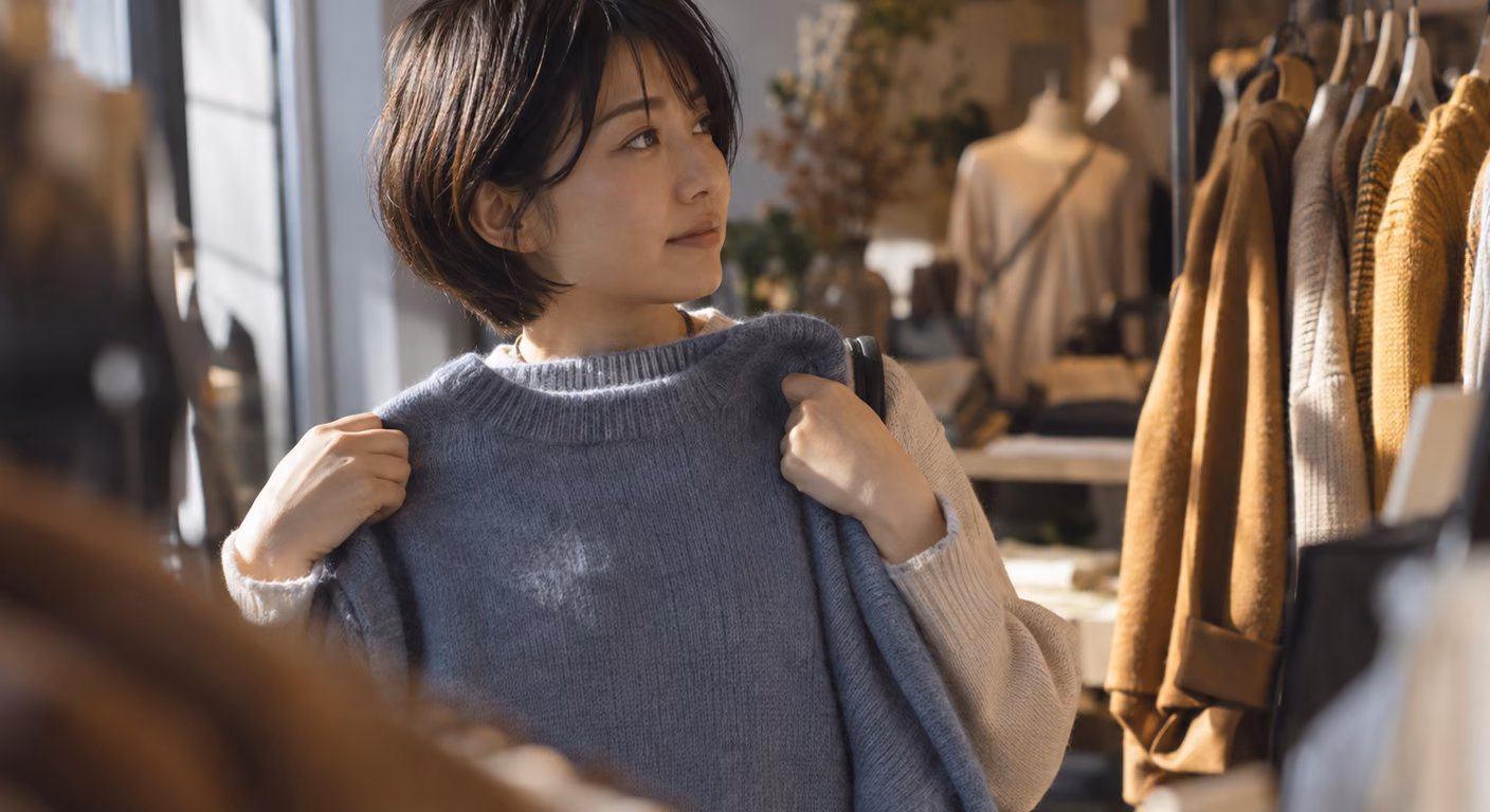 売り場の棚の前で、青みのあるグレーのニットを顔の下に当てて見ている女性